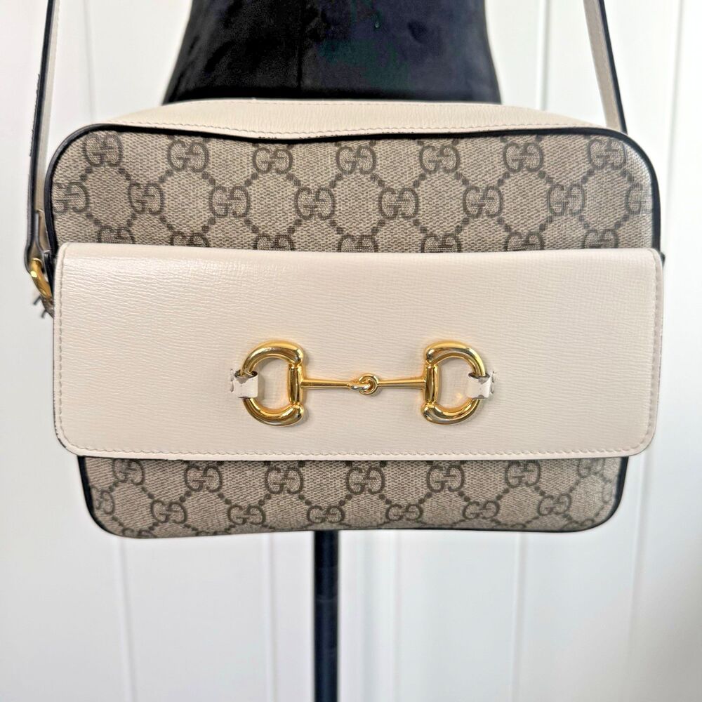 Authentic Gucci GG Supreme Horsebit 1955 Small Shoulder Bag Beige Mystic White